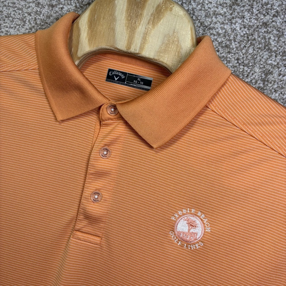 Callaway Golf Polo Shirt Mens XL Orange Stripe Pebble Beach Golf Links Logo